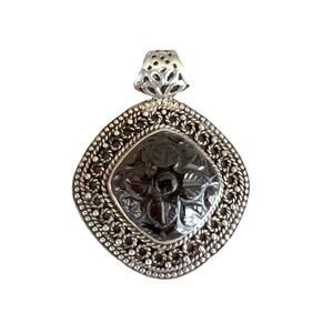 Sterling Silver Carved Glass Pendant Necklace Boho Artisan Statement 925